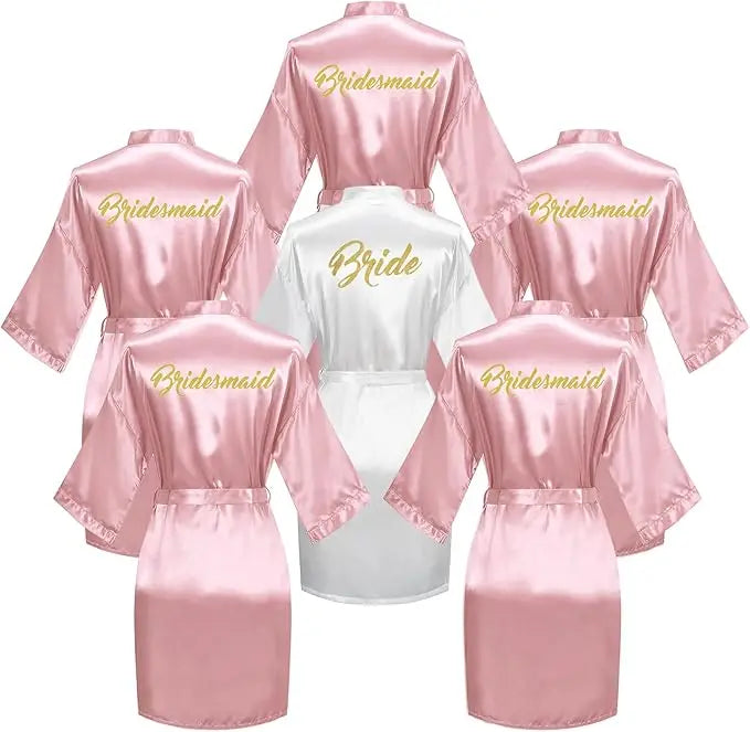 6 Pieces Bridal Shower Bathrobe Set for Bride and Bridesmaid Silky Robe Set Getting Ready Dressing Gown
