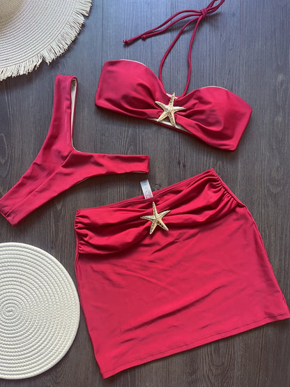 With Skirt Metal Star High Leg Cut Bikini Women Swimwear Female Swimsuit Three-pieces Bikini set Bather Bathing Suit Swim