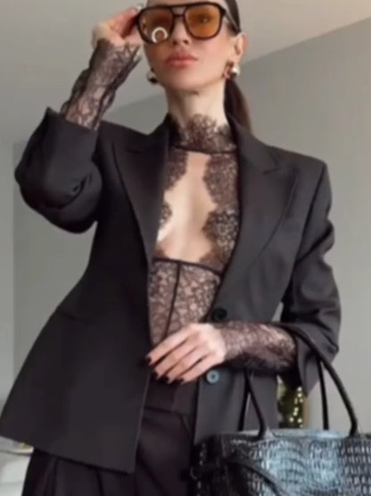 Women Sexy Lace Reflective One-piece Suit Chic Hollow-out Long Sleeve See Through Set 2026 Fashion Lady Street Party Club Outfit