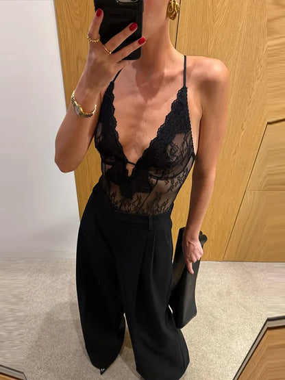 Sexy Women's Bodysuit Halter Deep V-neck Sleeveless Lace Solid Slim Female Bodysuits 2026 Summer New Fashion Party Chic Lady Top