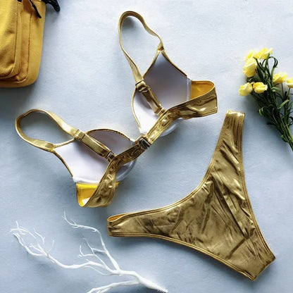 Metallic Summer Push Up Padded Bra Bathing Suit Beach Wear Women Sexy Thong Bikini Set Silver Gold  Biquini Swimwear