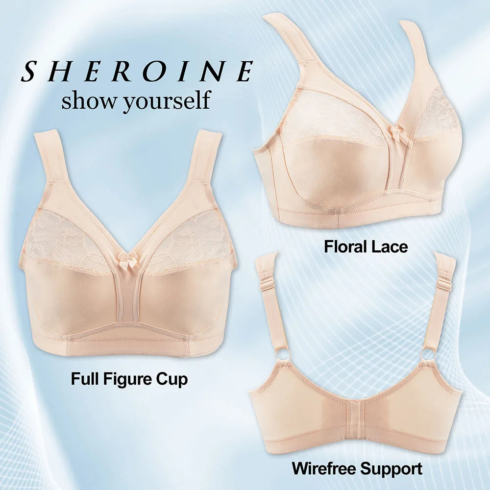 Sheroine Plus Size Wire-Free Cotton Bra Lace Floral Full Coverage Unpadded Ultrathin Soft Comfort Everyday Support for Women