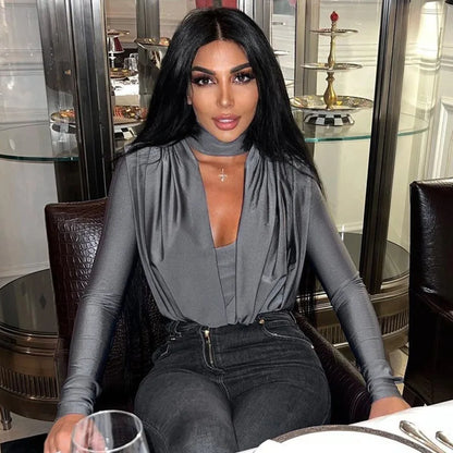 BornToGirl Sexy Slim Bodysuit Women Elegant Black Red Green Long Sleeve V Neck One Pieces Bodysuits Jumpsuit Tops Body Suit Y2K