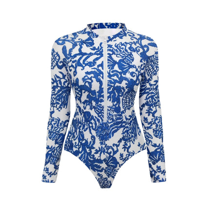 One Piece Swimsuit Long Sleeve Zip Front Blue White One Piece Surf Swimsuit and Sarong Swimwear Slimming Bathing Suit Beach Wear
