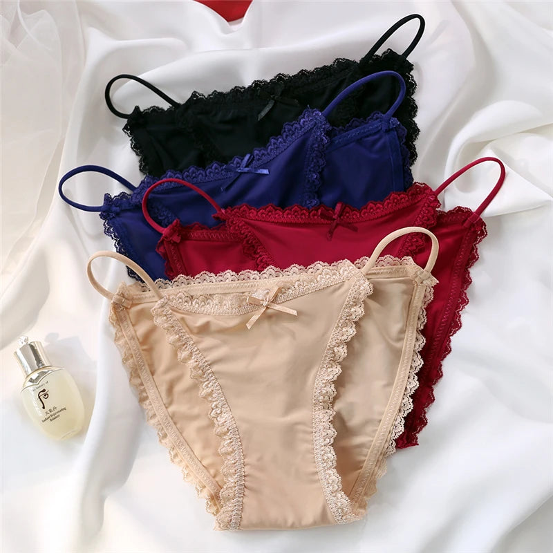Ice Silk Women's Panties Lace Low Waist Sexy Thong Underwear Summer Solid Color Briefs Bikini G-String Ladies Lingerie