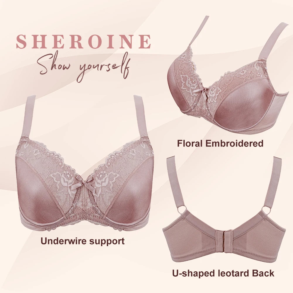 Sheroine Plus Size Floral Lace Underwire Bra, Minimizer Full Coverage Non Padded Support Bra for Everyday Comfort & All-Day Wear