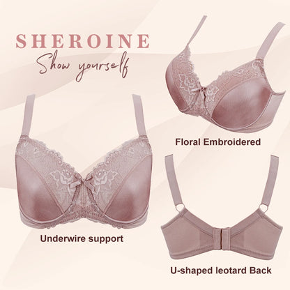 Sheroine Plus Size Floral Lace Underwire Bra, Minimizer Full Coverage Non Padded Support Bra for Everyday Comfort & All-Day Wear