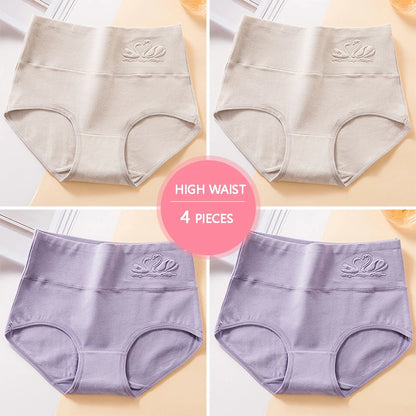 Plus Size M-5XL 4Pcs/Set High Waist Cotton Panties Women Body Shaper Underwear Soft Print Girls Briefs Slimming Female Lingerie