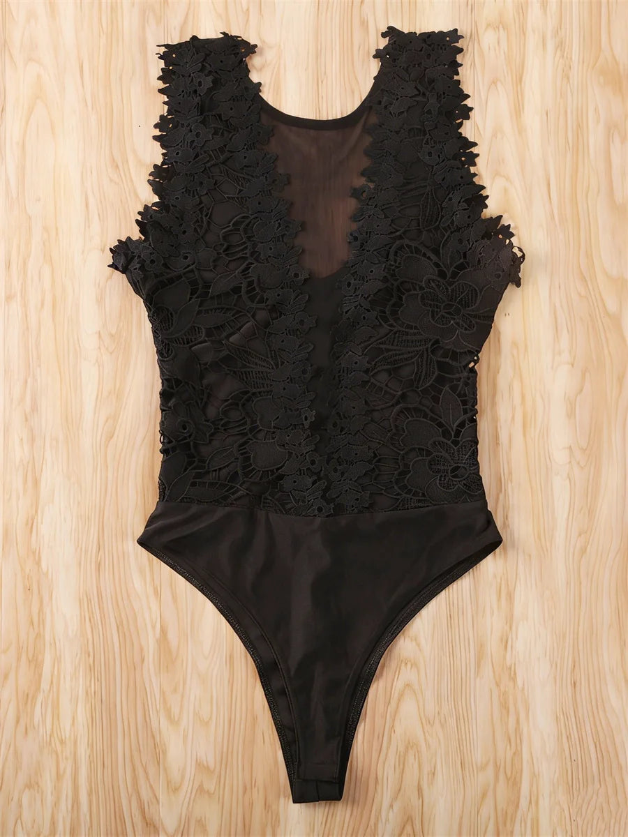 Sexy Lace Floral Bodysuits Women Summer Sleeveless V Neck Bodycon Bodysuit Jumpsuit Party Club Vintage Body Top Femme