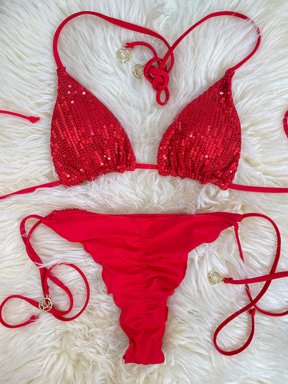 Melphieer Swim 2pcs Women's Summer Beach Holiday Ruching Bum Sequins Sparkle Glitter Plain Halter Strap Bikini Swimwear Set