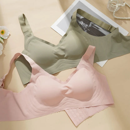 Women's Push-up Seamless Bra Wide Strap Latex Jelly Underwear Simple No-wire Sleeping Bra Large Size L-2XL