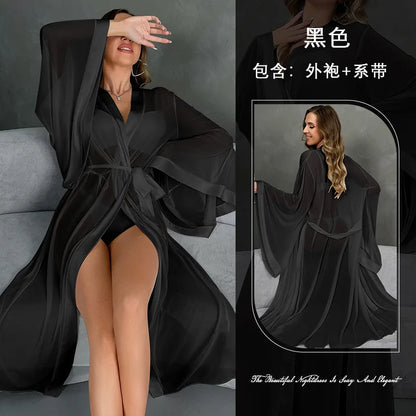 Female Sheer Shapewear Robes Fashion Long Sleeve Thin Lingerie Women Lace Up Long Sexy Mesh Robes