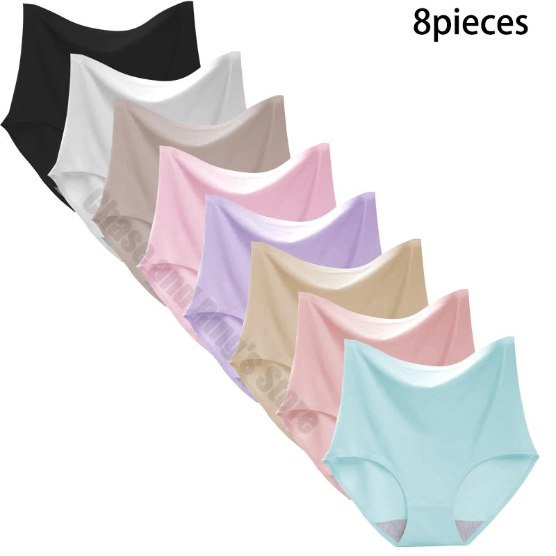 8 pieces Ice silk Women Underwear Slim Belly Tight fit Pants Seamless Triangular Briefs Soft Lingerie Elastic Panties Large Size