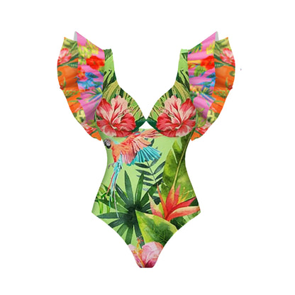 Printed Ruffle One Piece Swimsuit With Cover Up Sexy Swimwear Women Flat Belly Swim Suits Bathsuit Belt Bodysuit Beach Outing