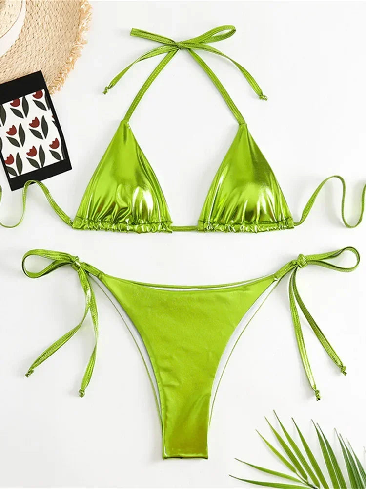 Sexy Brozing Gold Bikinis Sets Women Push Up Micro Bikini Swimsuit 2025 Brazilian Beach Bathing Suit Tie Side Triangle Swimwear