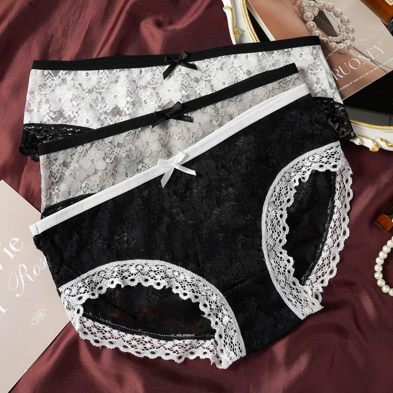 3 Pcs Sexy Lace Panties Seamless Low Waist Ultra-thin Transparent Bow Ladies Briefs Japanese Sweet Girl Panties L-XL