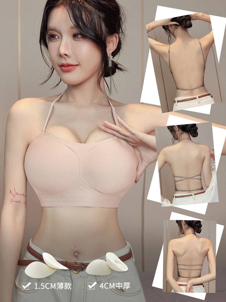 MOYISU Backless Push Up Bra - Thick Padded Straps Dress Essential, Exposed Shoulder Straps Enhancer for Small Bust Sexy Bralette