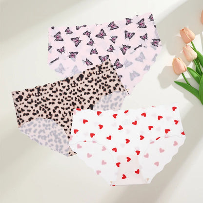 FINETOO 3Pcs Seamless Print Underwear for Women Sexy Leopard Butterfly Briefs Female Ice Silk Panties Comfortable Lingerie S-XXL