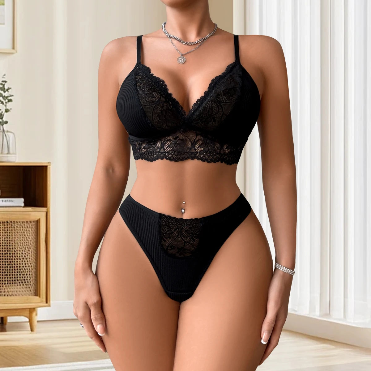 2pcs/Set Women's Underwear Set Sexy Lace Ribbed Bras Panty Sets Breathable Floral Sexy Lingerie Outfit Wire-Free Padless Bras