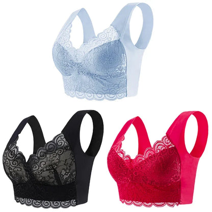 3pcs Ice Silk Seamless Lace Bra Top Support Underwear No Steel Ring Comfortable Large Size Bra Vest Bralette