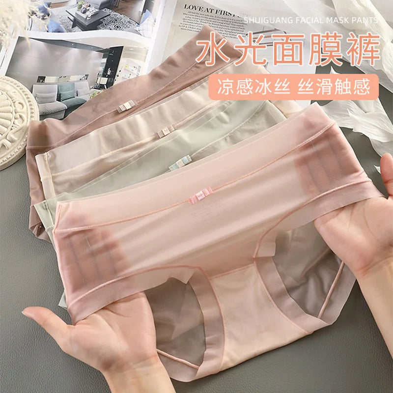 3PCS Women Panties Sexy Lingerie Ice Silk Quick Drying Briefs Female Seamless Underwear Solid Color Underpants Cool Panties