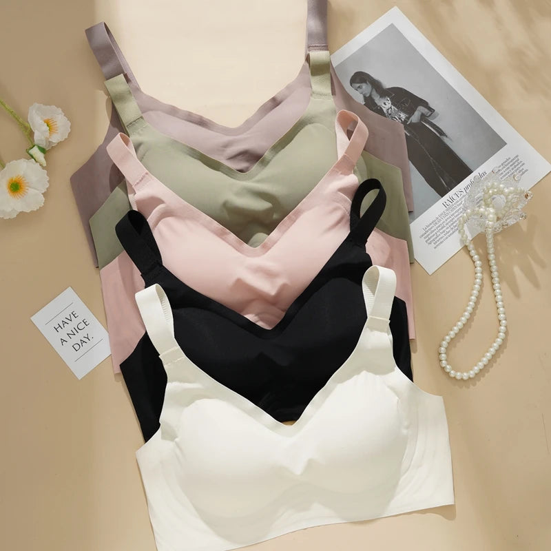 Women's Push-up Seamless Bra Wide Strap Latex Jelly Underwear Simple No-wire Sleeping Bra Large Size L-2XL