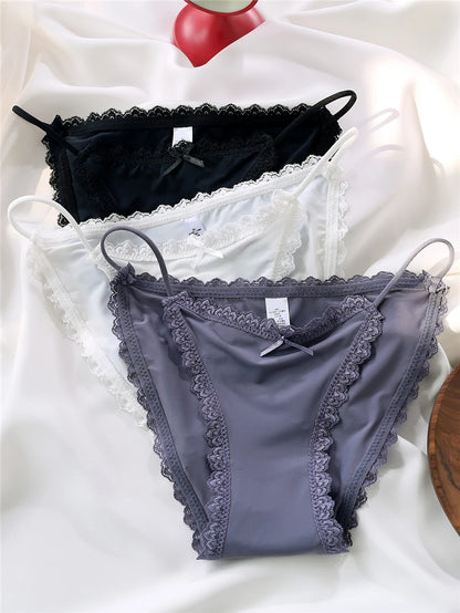 Ice Silk Women's Panties Lace Low Waist Sexy Thong Underwear Summer Solid Color Briefs Bikini G-String Ladies Lingerie