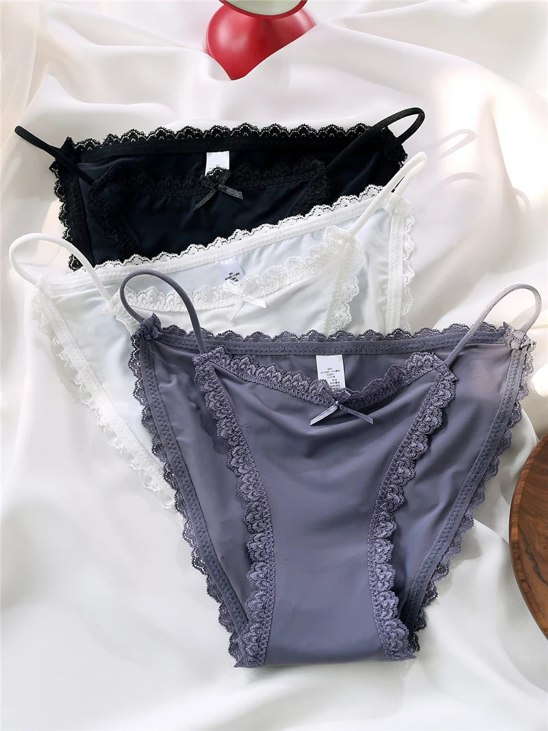 Ice Silk Women's Panties Lace Low Waist Sexy Thong Underwear Summer Solid Color Briefs Bikini G-String Ladies Lingerie