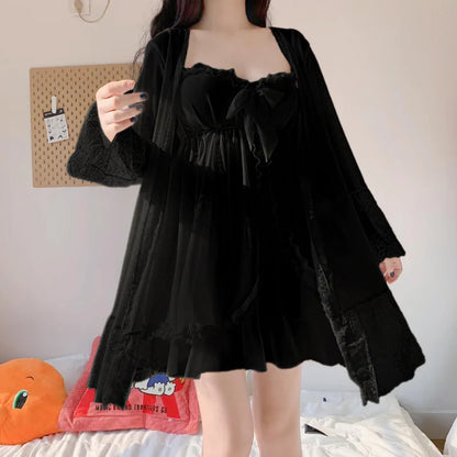 Elegant Sweet Simple Solid White Women Robe Gown Sets Chic Lace Bow Mesh  Sleepwear Breathable Slim Nightdress