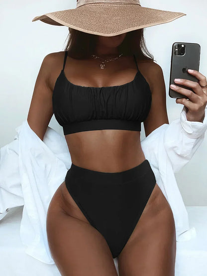 2025 Wrinkled Ruched High Waist Bikini Women Swimsuit Female Swimwear Two Pieces Bikini Set High Cut Bathing Suit Swim Beachwear