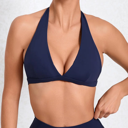 Sexy V-neck Sport Bra Women Underwear Sportswear Halter Backless Top for Fitness Yoga Wear Female Gym Active Bra with Cups White