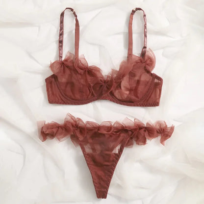 Sexy Lingerie Tulle Bowknot Bra Set Women See Through Lingerie Romantic Bilizna Set Three-Point Intimate Outfit Sexy Underwear