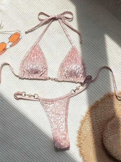 Shiny Pink Micro Bikini 2025 Mujer Women Sexy PU Pearls Push Up Thong Swimsuit Summer Bathing Suit Bandage Holiday Swimwear