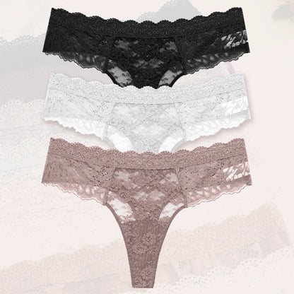 3Pcs Lace Sexy Thongs Women Low-Rise Briefs Sexy Soft Ladies Underwear Trendy Floral Underpants Female Flowery Panty Lingerie