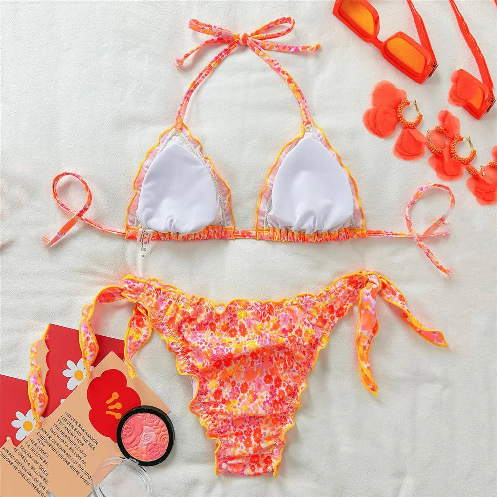 Orange Floral Print Halter String Triangle Bikini Ruched Edge Sexy Swimsuit Women 2026 Holiday Swimwear Bathing Suit Bikinis Set