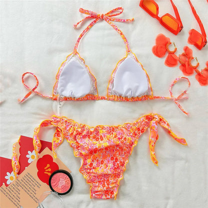 Orange Floral Print Halter String Triangle Bikini Ruched Edge Sexy Swimsuit Women 2026 Holiday Swimwear Bathing Suit Bikinis Set