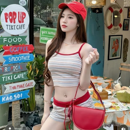 Korean Style Striped Bikini Set Women Cute Yet Sultry Halter Top High Waisted Shorts Tummy Control for Beach Vacation