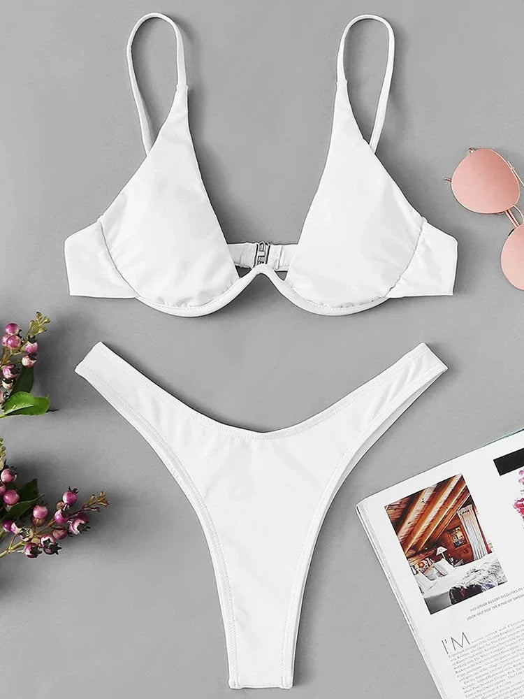 Sexy Neon V-bar Underwired Bikini 2025 Female Ribbed Swimsuit Women Thong Swimwear Two-pieces Bikini set Push up Bathing Suit