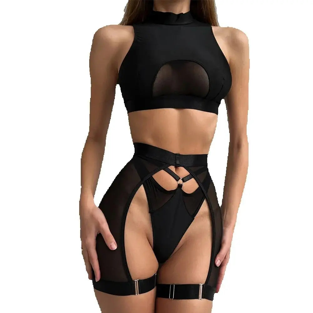 Sexy Lingerie Set Woman 3 Pieces Vest Top Seamless Underwear Garter Belt Set Thong Black Intimate Exotic Sets