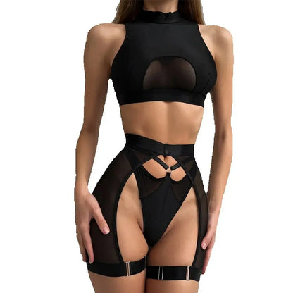 Sexy Lingerie Set Woman 3 Pieces Vest Top Seamless Underwear Garter Belt Set Thong Black Intimate Exotic Sets