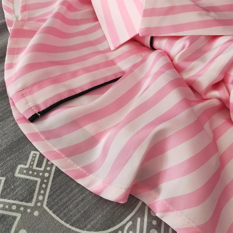 Women's Satin Pink Striped Pajama Set Silk Luxury Long Sleeve Button up Lapel Top with Pants Sleepwear & Loungewear