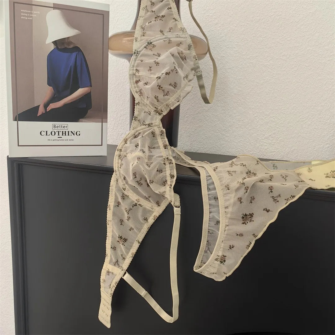 Fashion Floral Prints Women Lingerie Set Fashion Sexy Lace Bra French Ultra Thin Breathable Intimates Bralette Soft Underwear