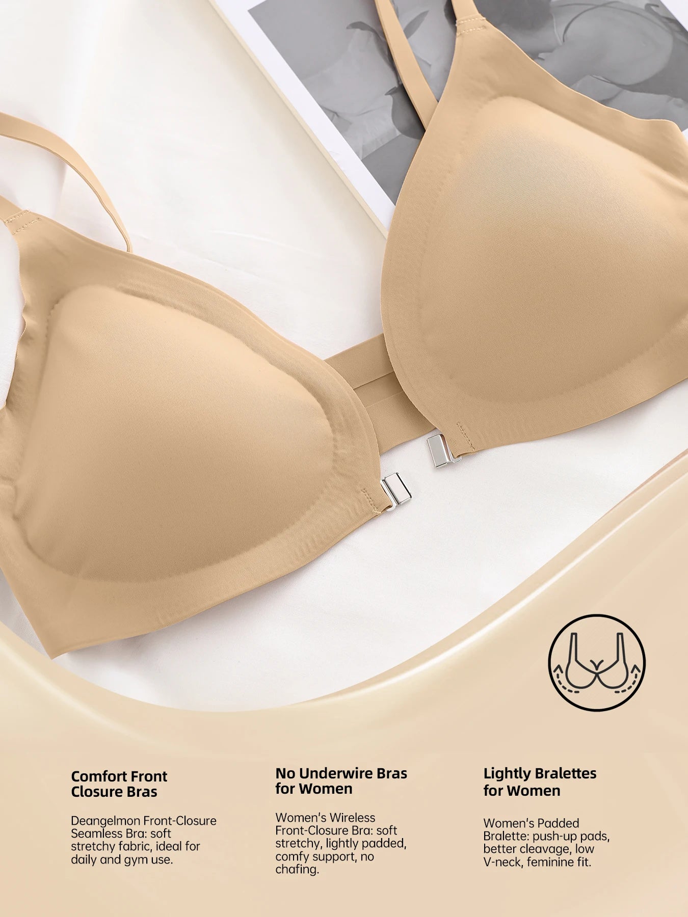 Women's Wireless Front Closure Push-Up Bras - 7 Pack Colored Seamless T-Shirt Lingerie with Removable Padding