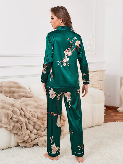 Floral Print Contrast Piping Satin Pajama Set,Women's Sleepwear & Loungewear Button Up Lapel Top & Pants Pj Set