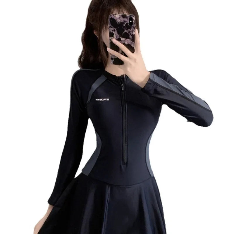 Athletic Long Sleeve One Piece Swimsuit Dress with Zipper Front Color Block Panel Tummy Control Swimwear for Beach Pool Training