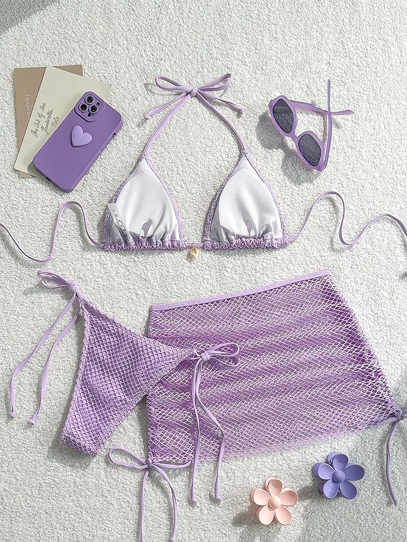 Lavender Eyed Mesh Bikini Three-Piece Set Beach Vacation Shell Necklace Strap Women's Swimsuit