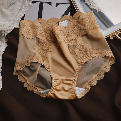 Women Luxury Lace Exquisite Sexy Mesh Transparent Satin Panties Elasticity Breathable Middle Waist Underwear Embroidery Breifs