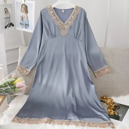 Female Long Nightdress Sexy Hollow Lace Sleepwear Home Dress Palace Style Princess Nightgown Nightwear Casual Satin Loungewear