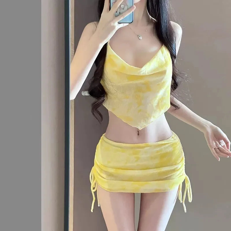 women Sexy 3pcs Bikini Set Slimming Wrap Skirt Beach Resort Hot Spring Swimsuit Cover Up Swimwear for Vacation Thermal Spa