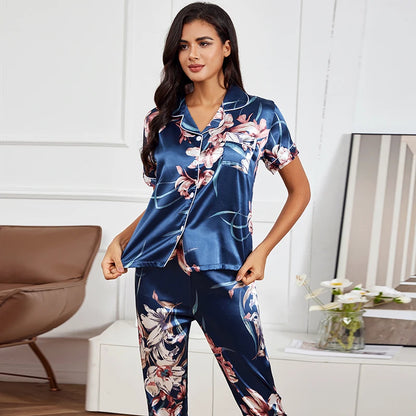 Women‘s Striped Printed Silk Satin Pajamas Summer Nightwear Trouser Suits Satin Set Woman 2 Pieces Short Sleeve Sleep Tops Night